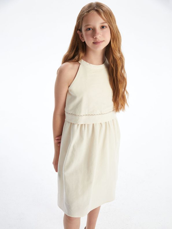 LCW Kids Cream Halter Neck Linen Blend Dress