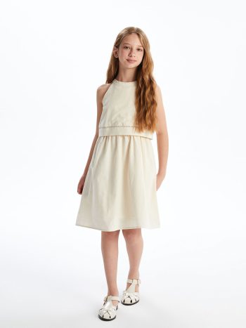 LCW Kids Cream Halter Neck Linen Blend Dress