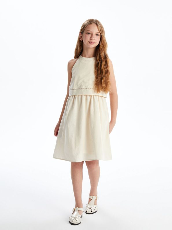 LCW Kids Cream Halter Neck Linen Blend Dress