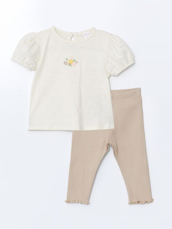 LCW Baby Ivory Embroidered Girl's T-Shirt and Pants Set