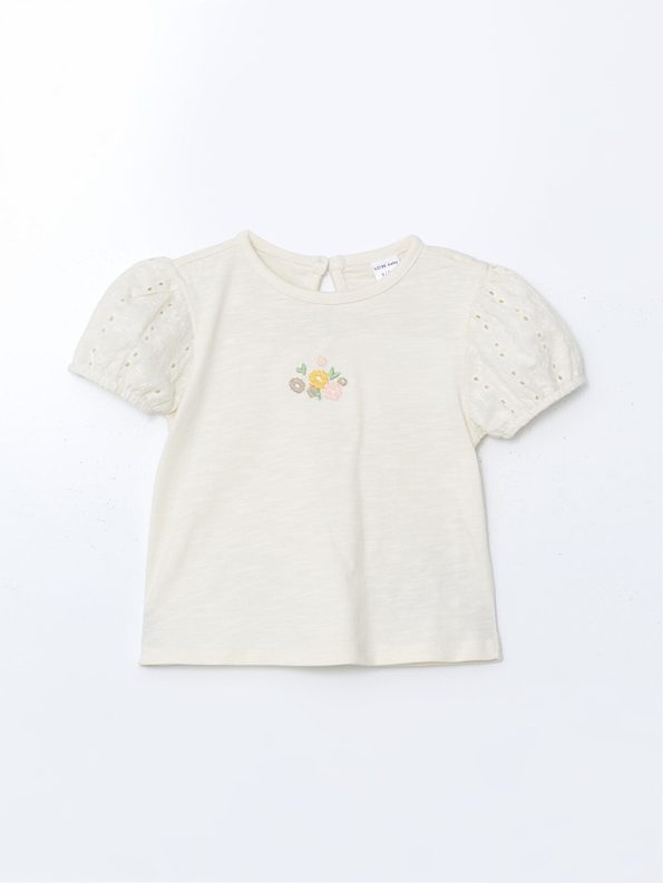 LCW Baby Ivory Embroidered Girl's T-Shirt and Pants Set