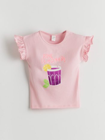 LCW Baby Pink Crew Neck Printed Girls T-Shirt Set
