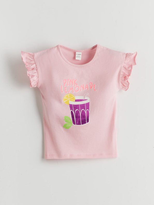 LCW Baby Pink Crew Neck Printed Girls T-Shirt Set