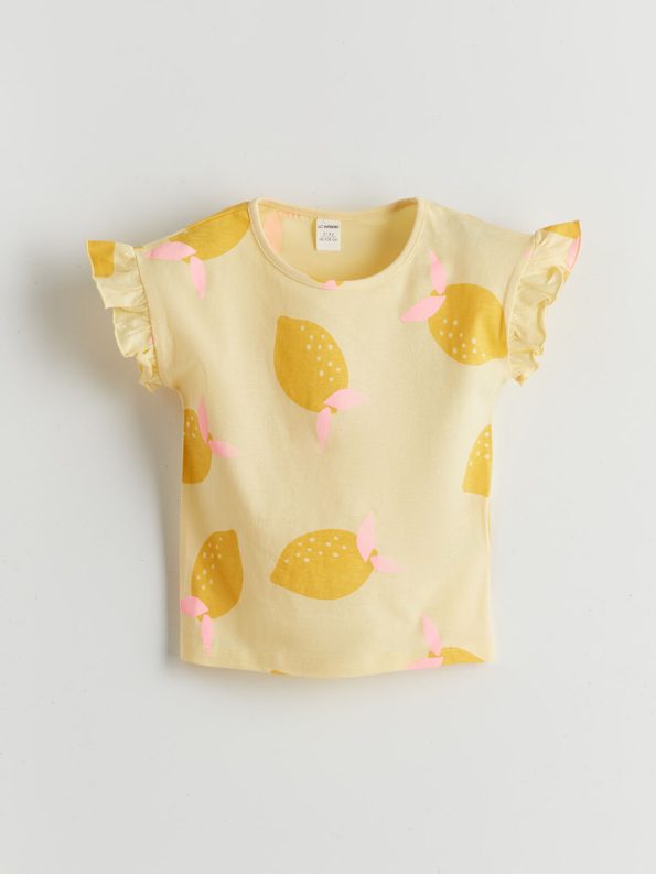 LCW Baby Pink Crew Neck Printed Girls T-Shirt Set