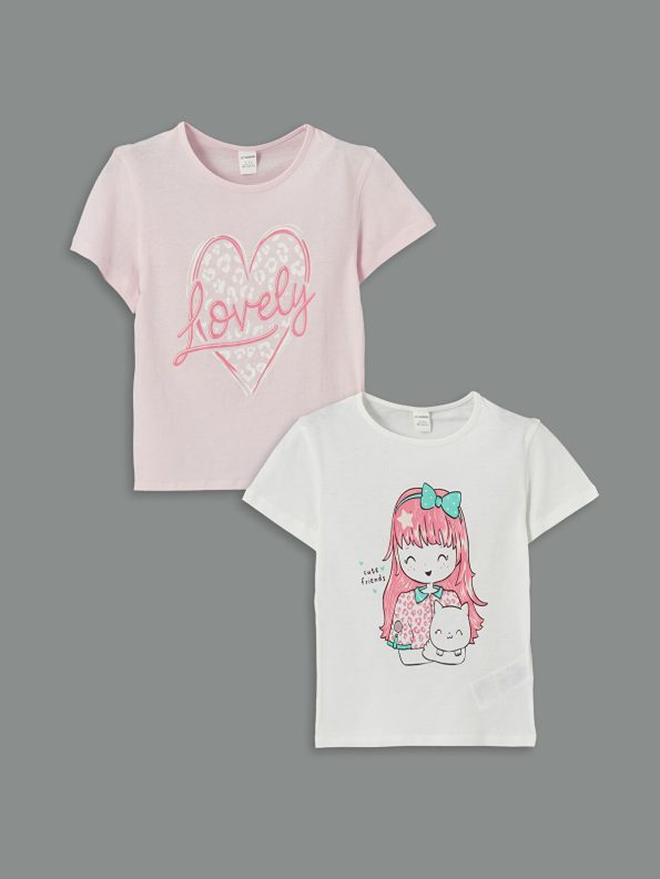 LCW Kids White Printed Crew Neck T-Shirt Set for Girls