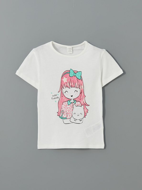 LCW Kids White Printed Crew Neck T-Shirt Set for Girls