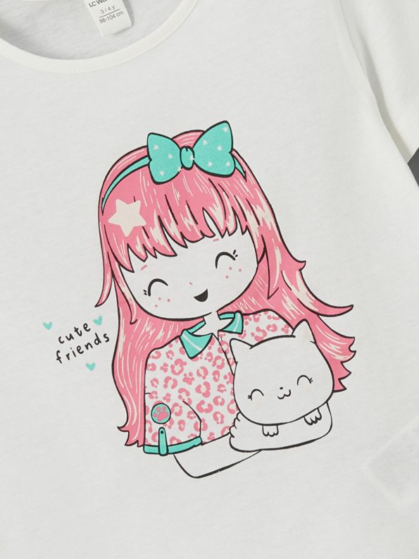 LCW Kids White Printed Crew Neck T-Shirt Set for Girls