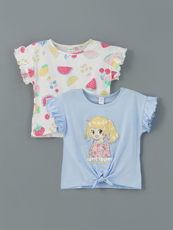 LCW Kids Lilac Printed Ruffled T-Shirt Set for Girls