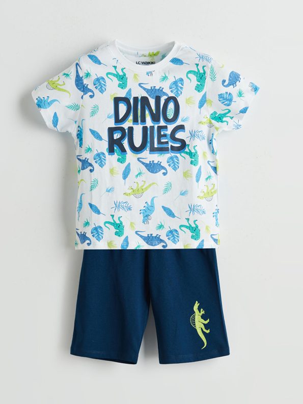 LCW Kids White Dinosaur Print Boys' Short Pajama Set