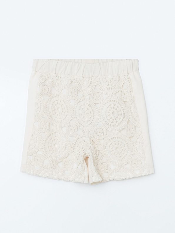 LCW ECO Cream Elastic Waist Lace Detail Girls' Shorts