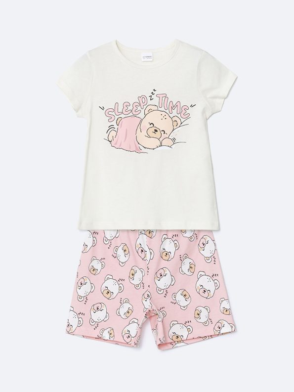 LCW Kids Cream Printed Cotton Short Pajama Set for Girls