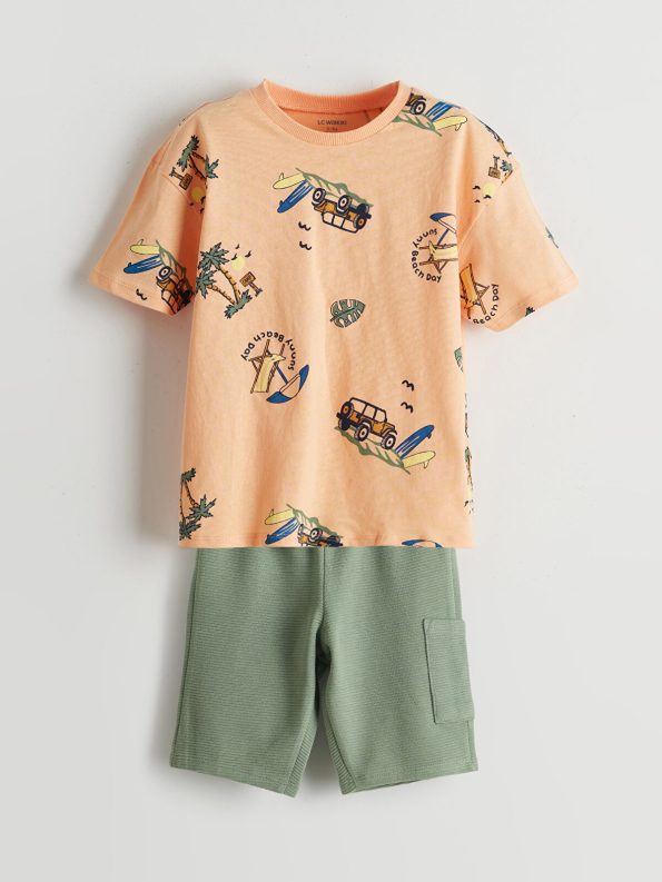 LCW Kids Coral Elastic Waist Printed T-Shirt and Shorts Set