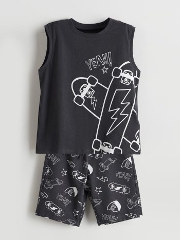 LCW Kids Anthracite Printed Boys T-Shirt and Shorts Set