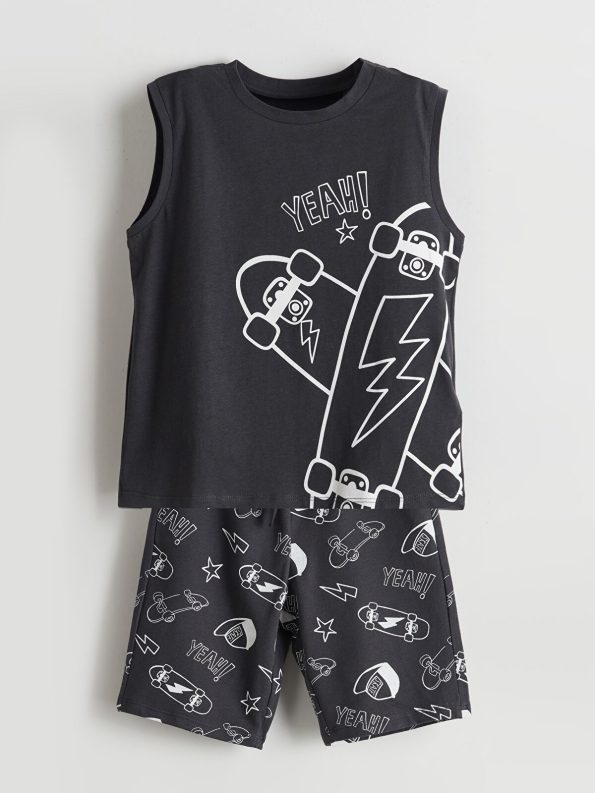 LCW Kids Anthracite Printed Boys T-Shirt and Shorts Set