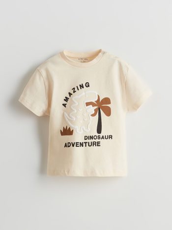 LCW Baby Beige Dinosaur Print Baby Boy T-Shirt and Pants Set