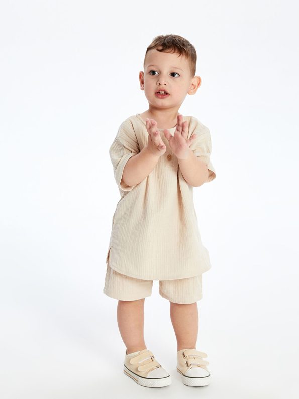 LCW Baby Beige Muslin Boys' T-Shirt and Shorts Set