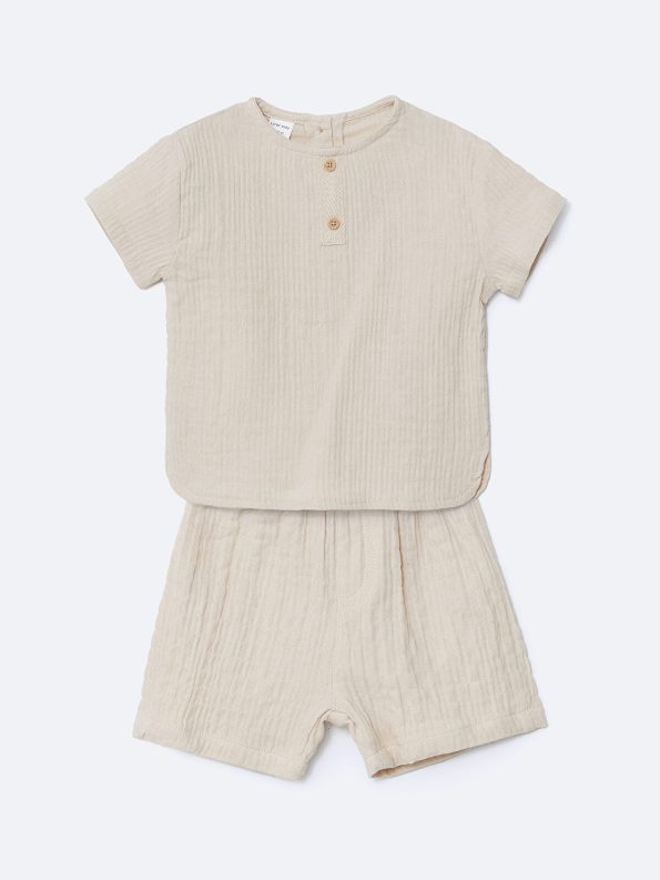 LCW Baby Beige Muslin Boys' T-Shirt and Shorts Set