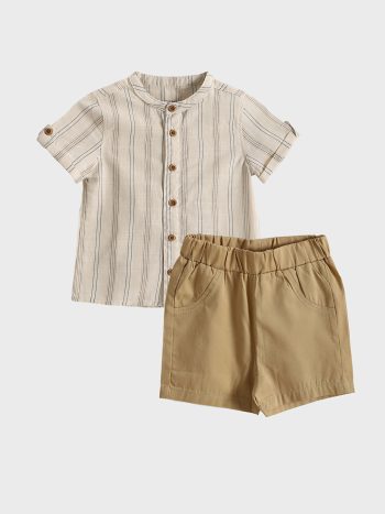 LCW Baby Cream Striped Boys Shirt and Shorts Set