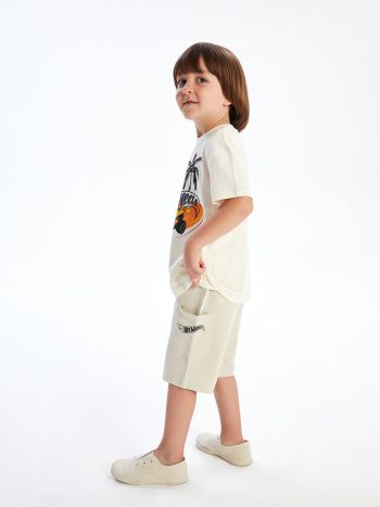 LCW Kids Beige Hot Wheels Printed Boys T-Shirt and Shorts Set