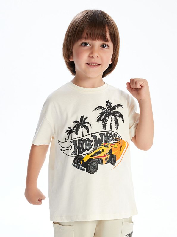 LCW Kids Beige Hot Wheels Printed Boys T-Shirt and Shorts Set