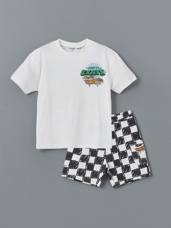 LCW Kids White Hot Wheels Printed Boys T-Shirt and Shorts Set