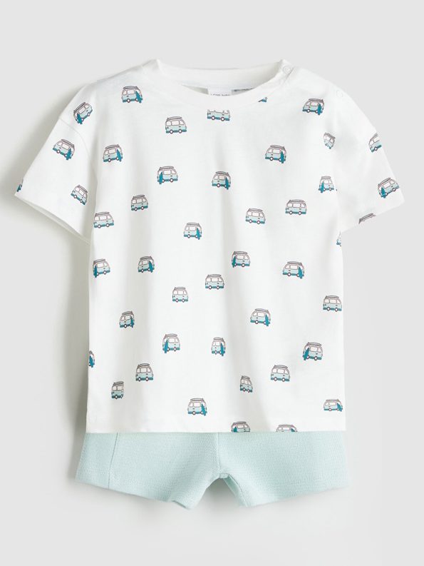 LCW Baby Cream Printed Short Sleeve T-Shirt and Shorts Set for Boys