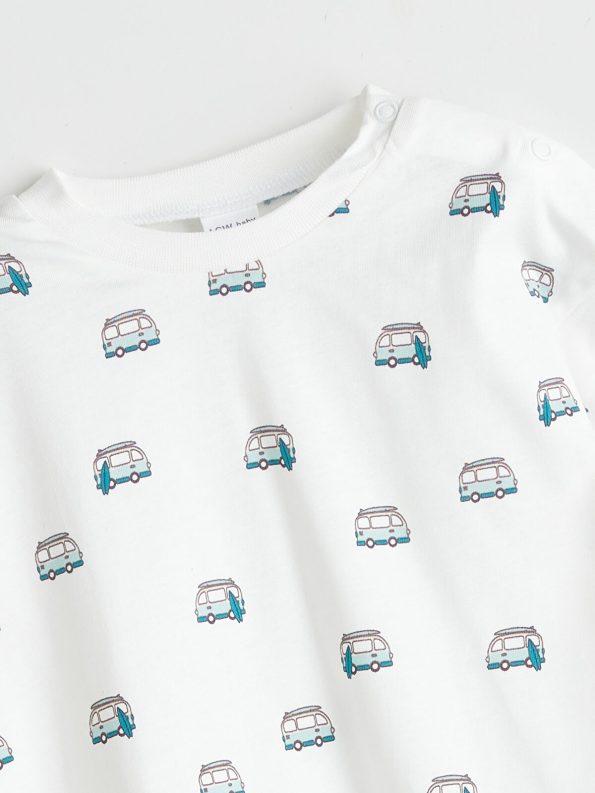 LCW Baby Cream Printed Short Sleeve T-Shirt and Shorts Set for Boys