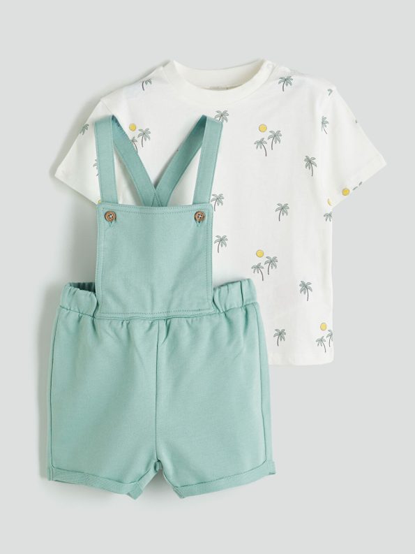 LCW Baby Green Printed Boys' T-Shirt and Dungaree Set