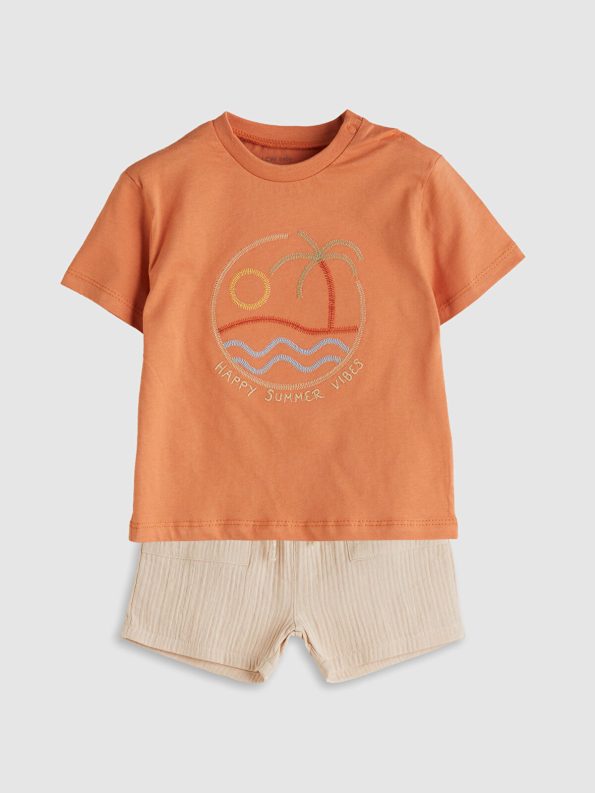 LCW Baby Orange Printed Boys' T-Shirt and Shorts Set
