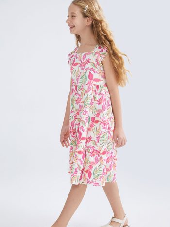 LCW Kids Cream Checkered Square Neck Dress