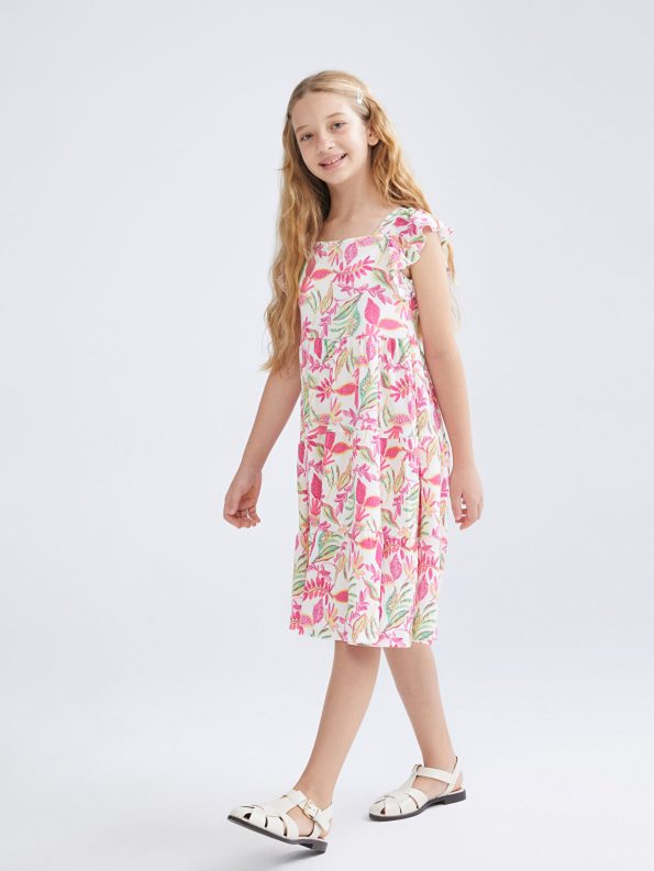 LCW Kids Cream Checkered Square Neck Dress