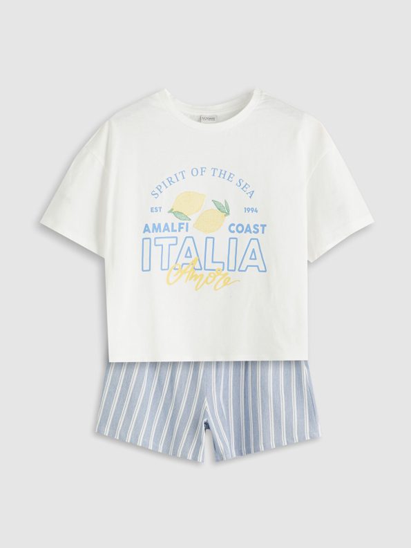 LCW Kids Cream Bicycle Neck Printed Girls T-Shirt and Shorts Set