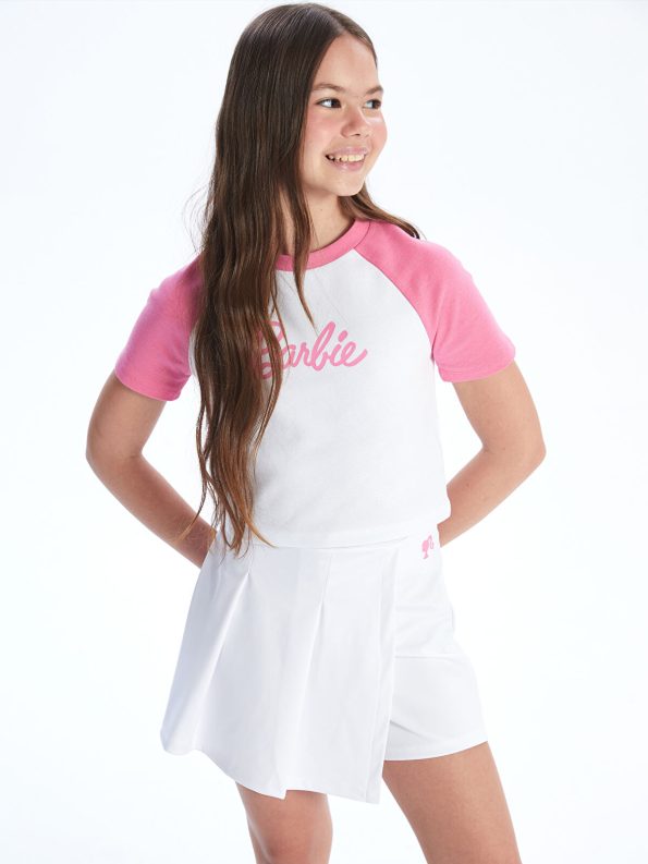 LCW Kids White Crew Neck Barbie Printed T-Shirt and Skirt Set