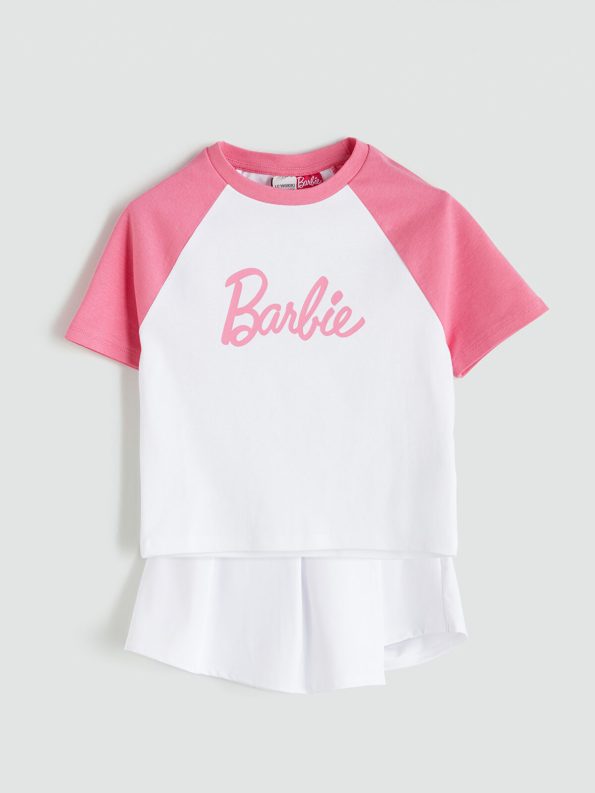 LCW Kids White Crew Neck Barbie Printed T-Shirt and Skirt Set