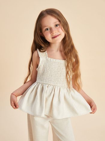LCW Kids Beige Linen Look Girls Blouse and Pants Set