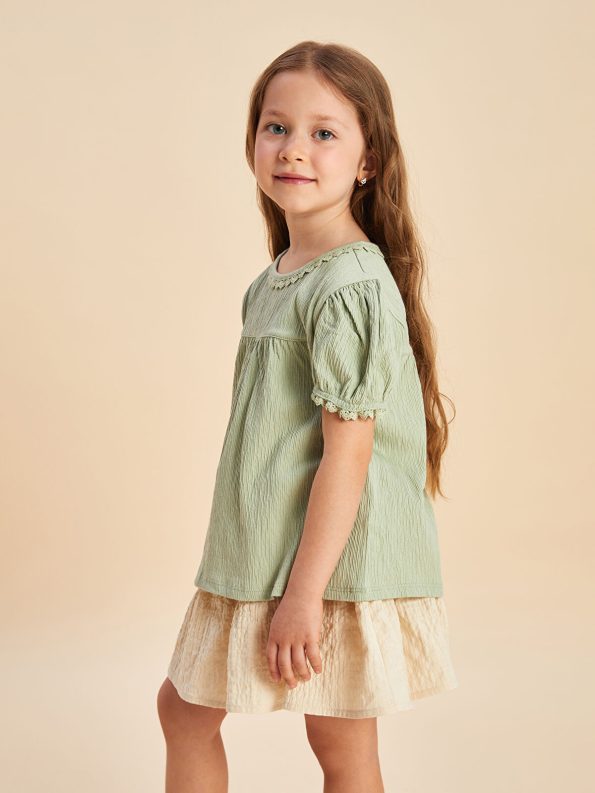 LCW Kids Green Crew Neck Embroidered T-Shirt for Girls