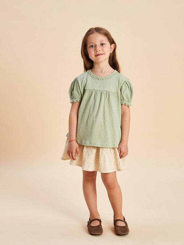 LCW Kids Green Crew Neck Embroidered T-Shirt for Girls
