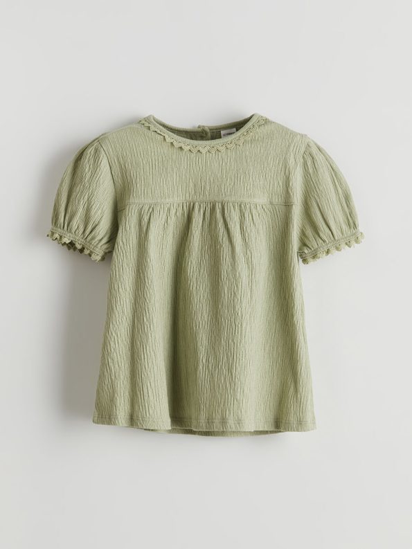 LCW Kids Green Crew Neck Embroidered T-Shirt for Girls