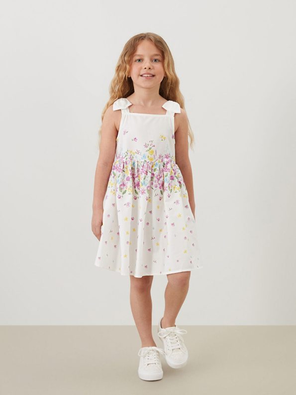 LCW Kids White Square Neck Floral Satin Dress