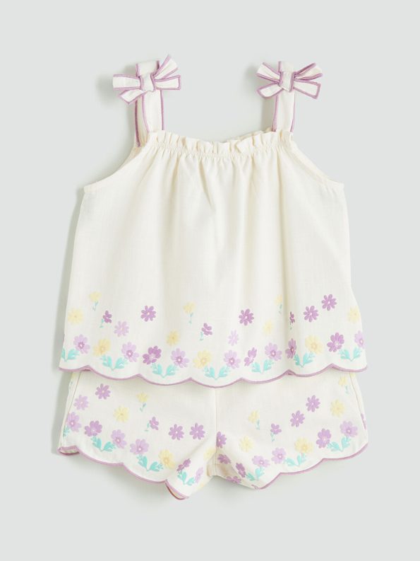 LCW Kids Cream Square Neck Floral Girls Blouse and Shorts Set
