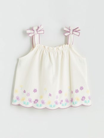 LCW Kids Cream Square Neck Floral Girls Blouse and Shorts Set
