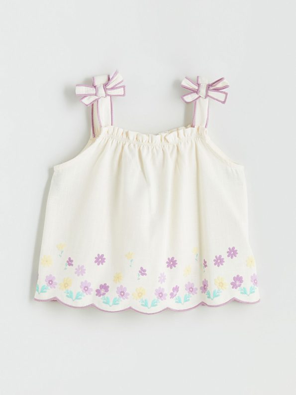 LCW Kids Cream Square Neck Floral Girls Blouse and Shorts Set