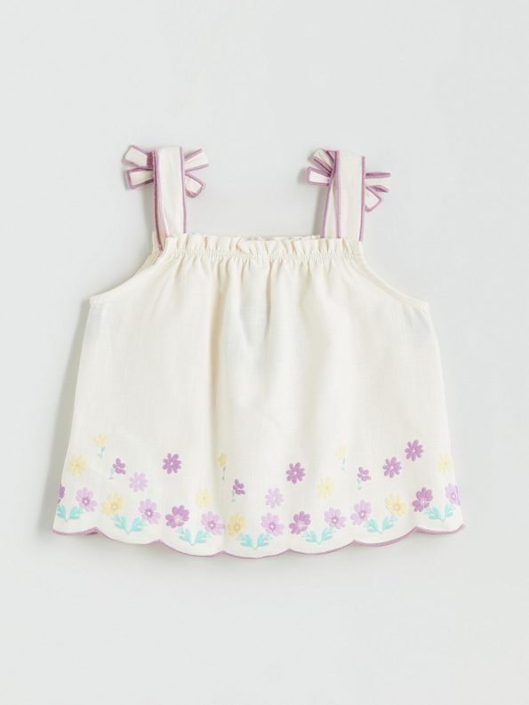 LCW Kids Cream Square Neck Floral Girls Blouse and Shorts Set