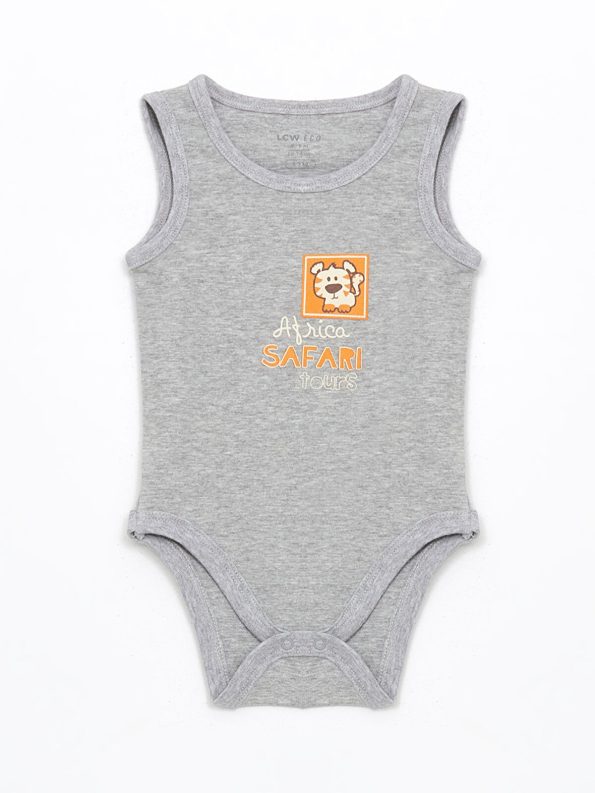 LCW ECO Gray Printed Crew Neck Bodysuit for Baby Boys