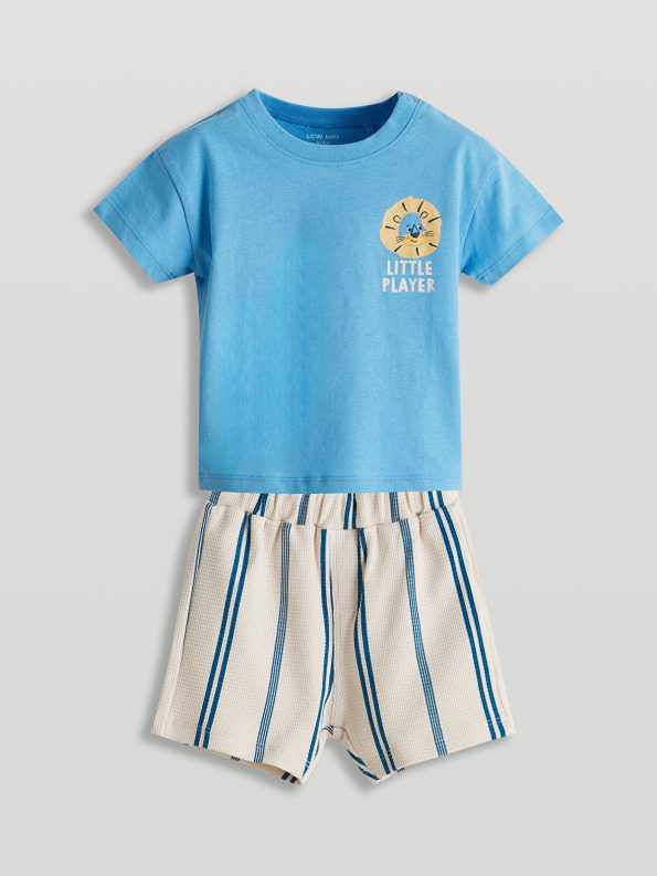 LCW Baby Blue Printed Boys T-Shirt and Shorts Set