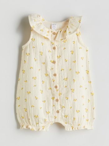 LCW Baby Cream Peter Pan Collar Floral Muslin Romper