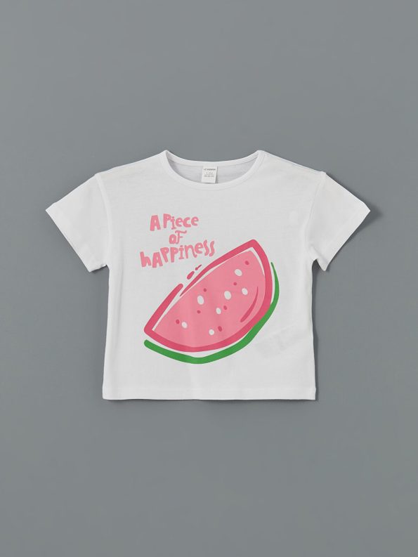 LCW Kids White Printed Crew Neck T-Shirt for Girls