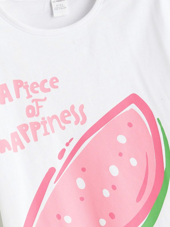 LCW Kids White Printed Crew Neck T-Shirt for Girls