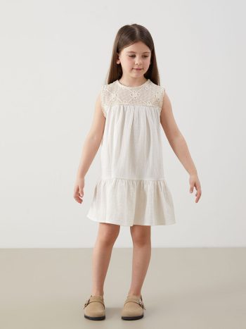 LCW Kids Cream Crew Neck Girls Muslin Dress