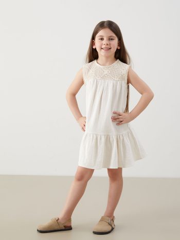 LCW Kids Cream Crew Neck Girls Muslin Dress